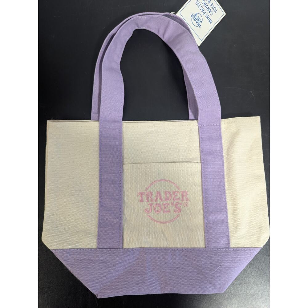 Trader Joe’s Mini Canvas Tote Bag Purple Cream Reusable Grocery Bag Small NWT